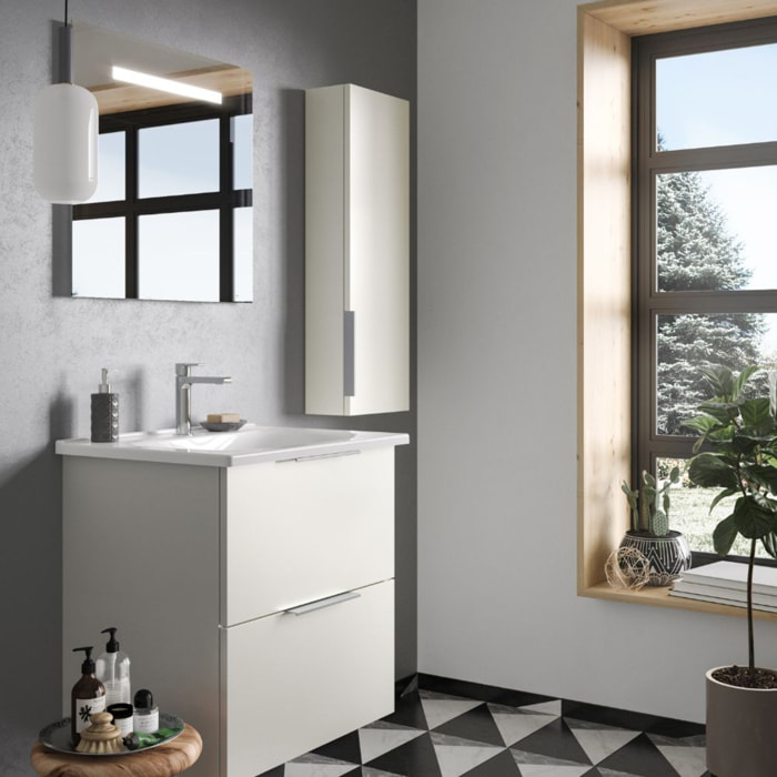 Meuble vasque 60 cm BURGBAD Olena blanc brillant + miroir + colonne de salle de bain