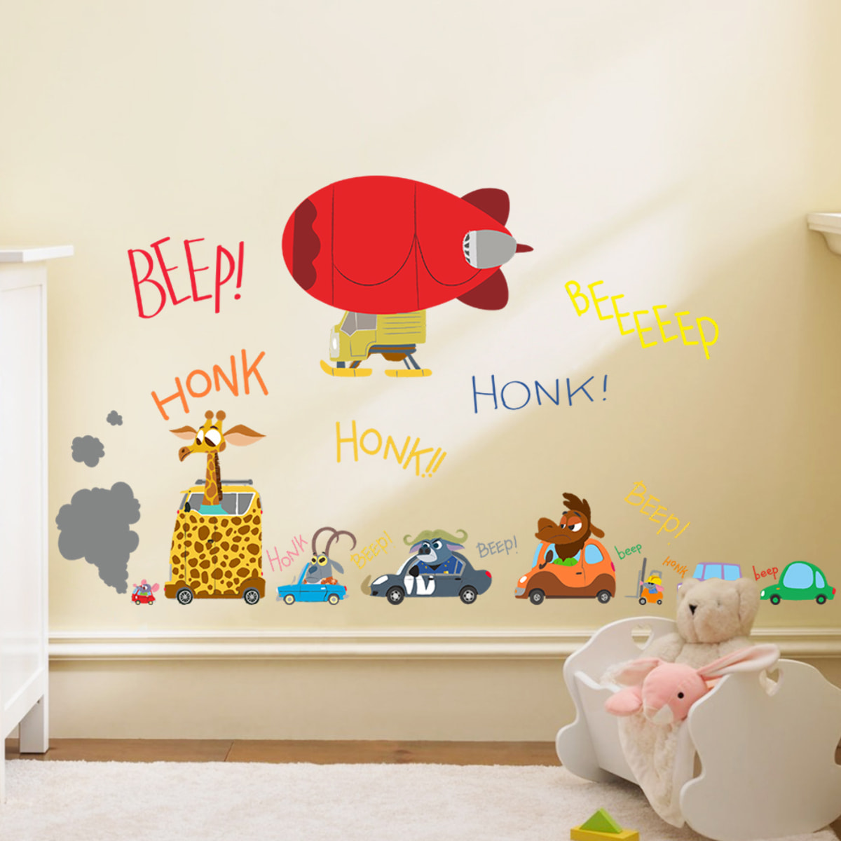 Stickers Muraux décoration adhésifs embouteillage et dirigeable avec animaux rigolos