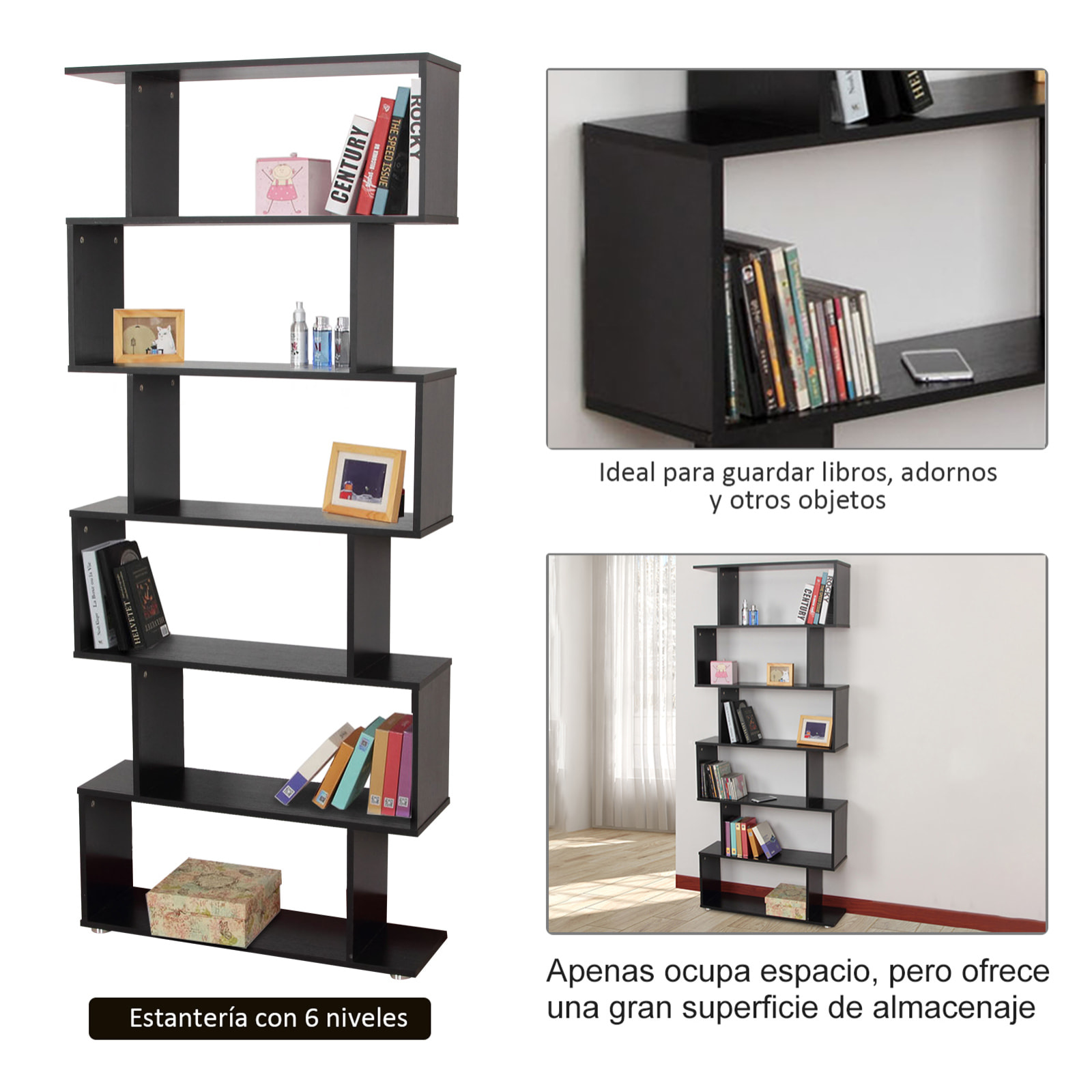 Estantería Librería 6 Estantes de Madera Forma de S Estanteria 80x25x192 Negro