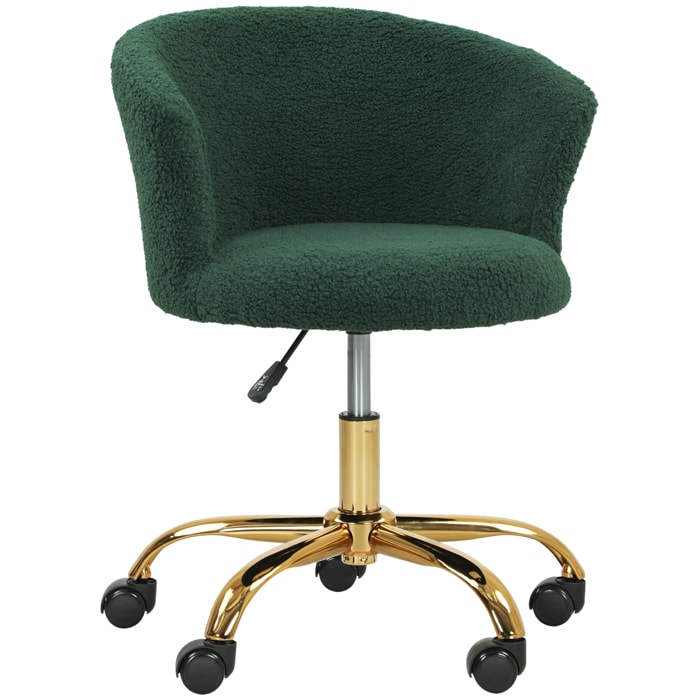 Chaise de bureau design effet courte laine bouclée piètement métal doré vert