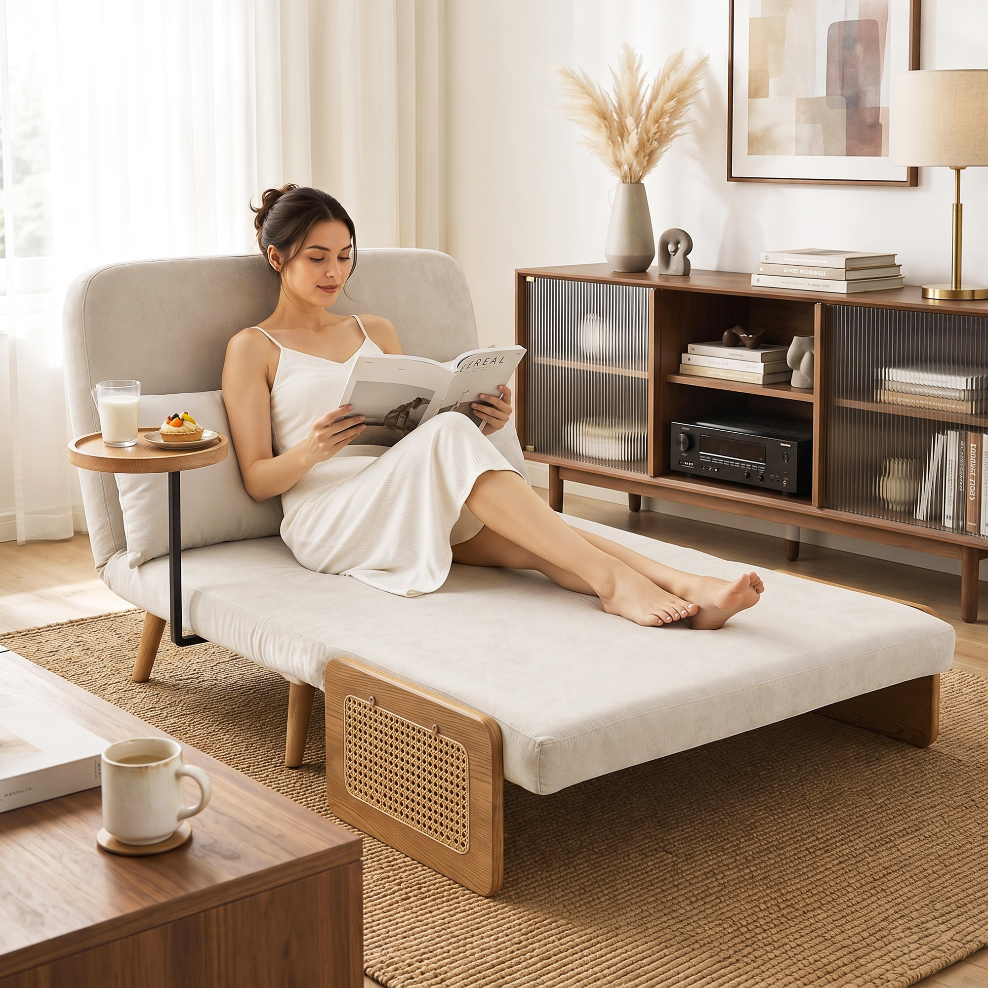 Sofá Cama 2 Plazas Convertible, 3 en 1, Sofá Cama Plegable, Tapizado Chenilla, Respaldo Ajustable, Mesa Lateral de Madera, 2 Almohadas con Funda Lavable, para Salón, 131x78x82 cm, Blanco Crema