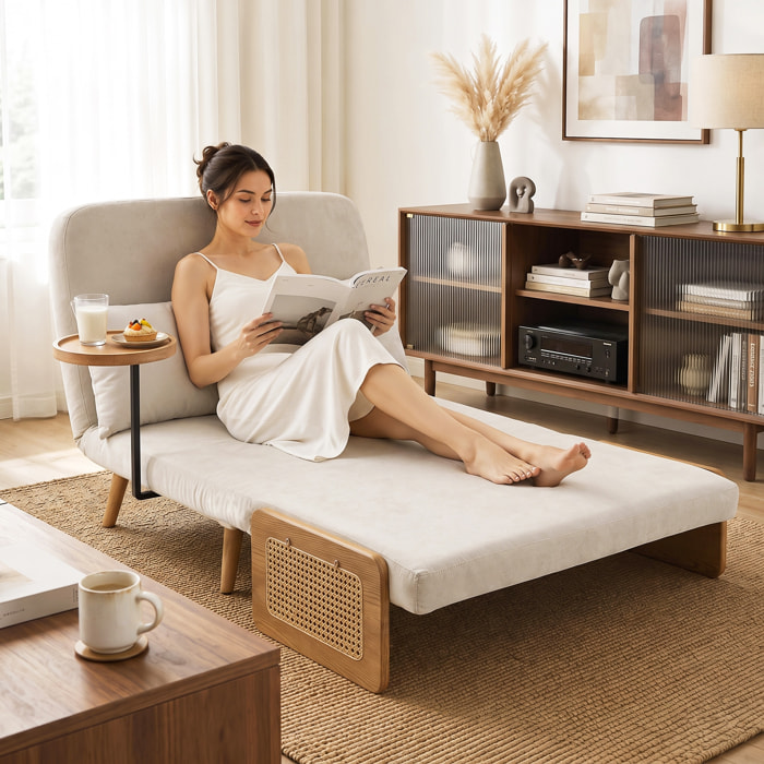 Sofá Cama 2 Plazas Convertible, 3 en 1, Sofá Cama Plegable, Tapizado Chenilla, Respaldo Ajustable, Mesa Lateral de Madera, 2 Almohadas con Funda Lavable, para Salón, 131x78x82 cm, Blanco Crema