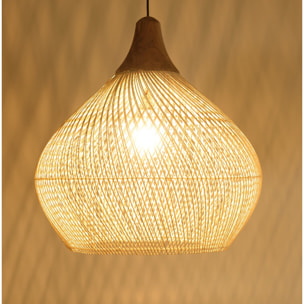 SIXTINE - Suspension 'cloche' 68x68cm rotin couleur naturelle et teck