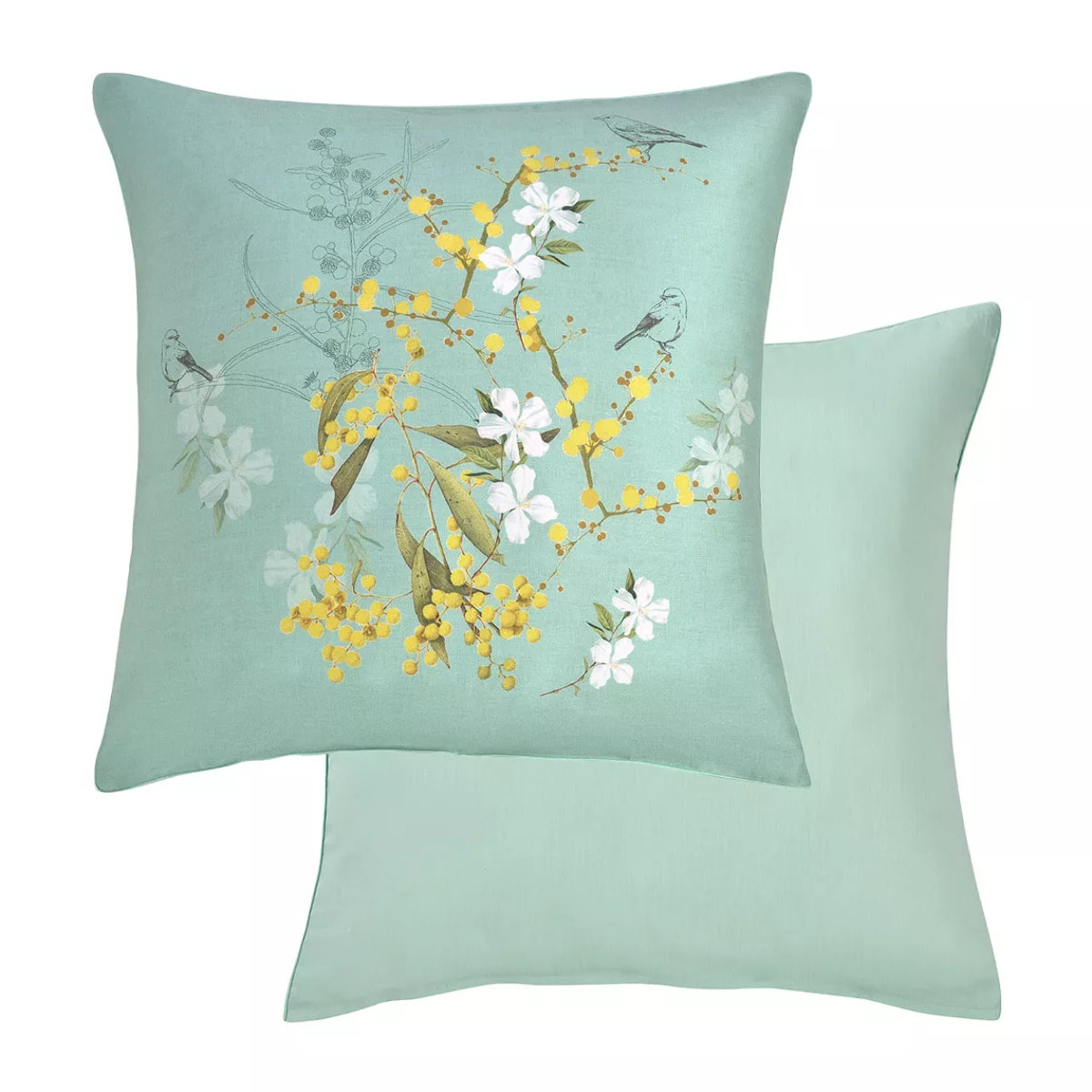 Taie d'oreiller satin de coton imprimé bleu Mimosas d'ete turquoise