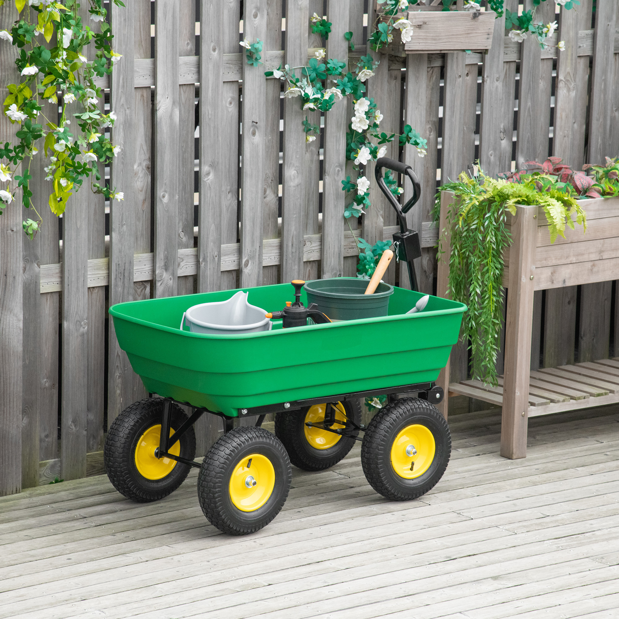 Carro de Jardín Basculante Capacidad 125 L Carga 200 kg Carretilla de Transporte Carro para Playa con Marco de Acero y 4 Ruedas Neumáticas Verde