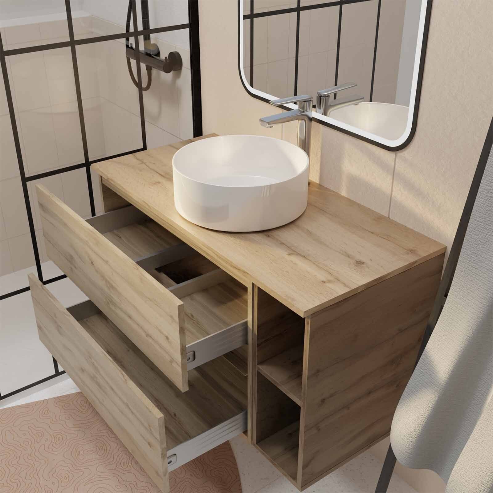Meuble salle de bains 100 TIMBER Décor Chêne 2 Tiroirs, Vasque Blanche, Miroir 60x80 LED bord Noir