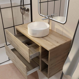 Meuble salle de bains 100 TIMBER Décor Chêne 2 Tiroirs, Vasque Blanche, Miroir 60x80 LED bord Noir