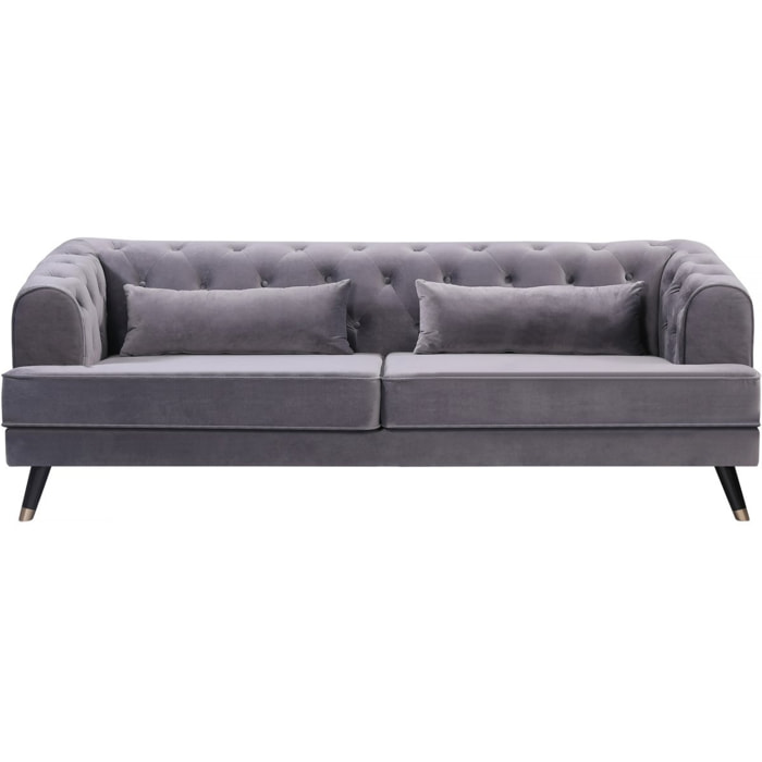 Canapé fixe en velours "Gloria" - 216 x 86 x 76 cm - 3 places - Gris
