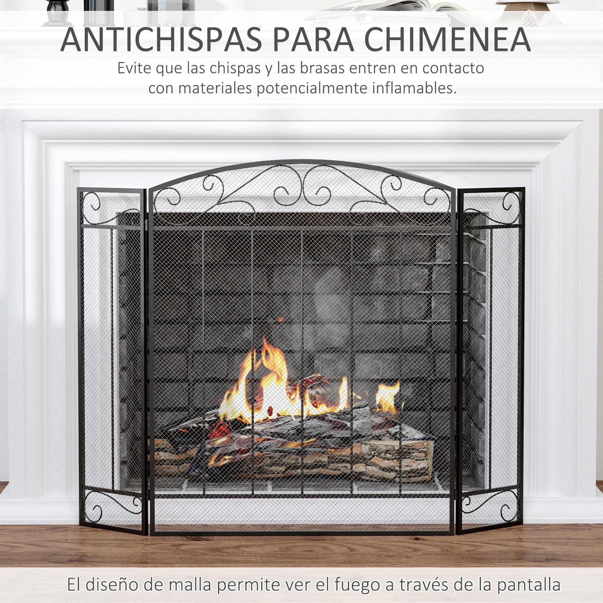 HOMCOM Salvachispas Plegable para Chimenea Pantalla Triple Protector para Estufas 3 Paneles con Bisagras 105x80,5 cm Estructura de Metal y Alambre Decorativo Negro