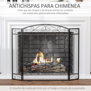 HOMCOM Salvachispas Plegable para Chimenea Pantalla Triple Protector para Estufas 3 Paneles con Bisagras 105x80,5 cm Estructura de Metal y Alambre Decorativo Negro