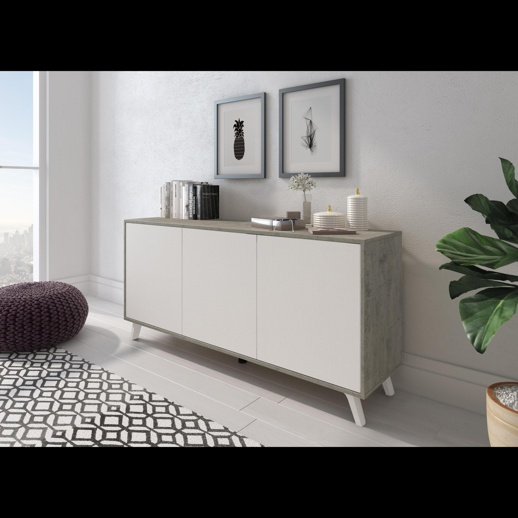 Credenza Moderna Madia 3 Ante Senza Maniglie Design Minimal Con Piedini RialzatiPer Soggiorno Ingresso 154 x 72 x 40 Cm Bianco e Grigio Cemento