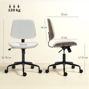 Silla de Escritorio sin Brazos, Silla de Oficina Giratoria, Tapizada en Cuero Sintético, con Respaldo Curvado, Asiento Forma U, Altura Ajustable, Basculante, Blanco