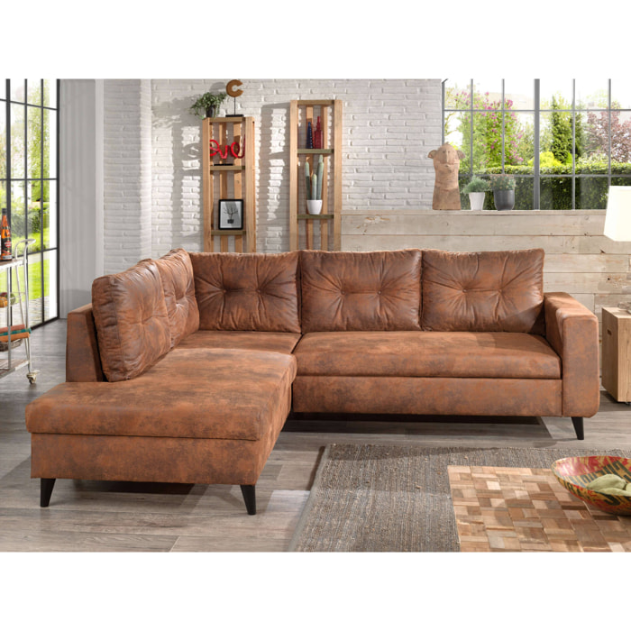 NORDIC - Canapé d'angle gauche - 5 places - Convertible - Industriel vintage - Marron