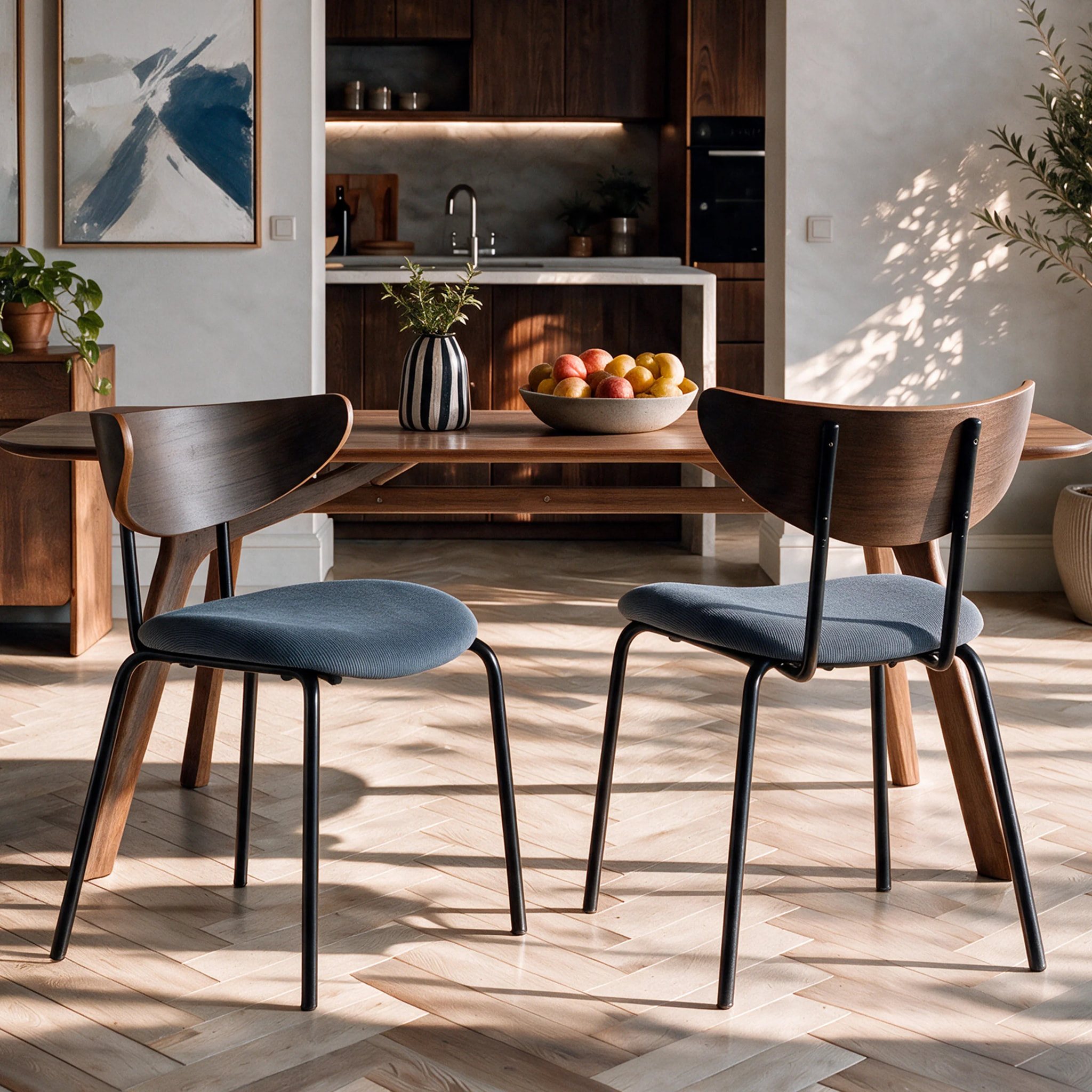 Lot de 2 chaises en velours côtelé bleu marine et dossier en bois - Jade