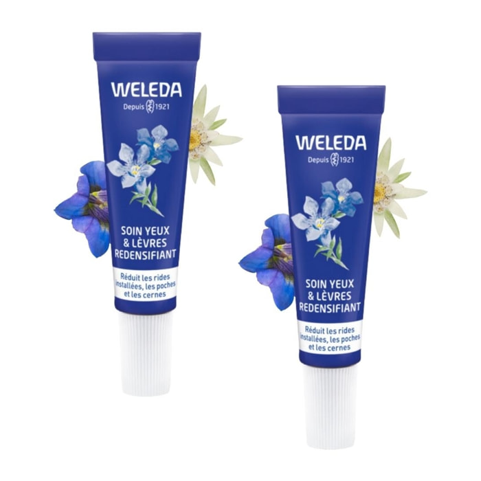 WELEDA - Duo Soin Yeux & Lèvres redensifiant GENTIANE BLEUE ET EDELWEISS - Soin anti-âge redensifiant spécialement formulé pour les femmes dès 50 ans - Réduit les poches et les cernes, redéfinit le contour des yeux et des lèvres - NATRUE - 2x10 ml