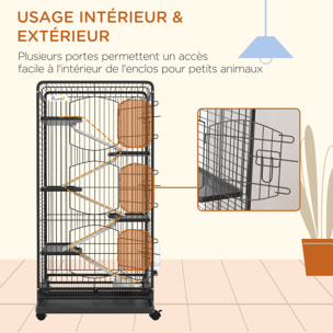 Cage pour petits animaux roulante 5 rampes 5 plateformes gamelle distributeur eau plateau amovible métal PP noir