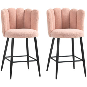 Lot de 2 tabourets de bar design contemporain - repose-pied - acier noir revêtement effet laine bouclée rose poudré