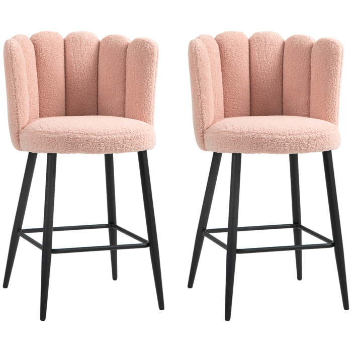 Lot de 2 tabourets de bar design contemporain - repose-pied - acier noir revêtement effet laine bouclée rose poudré