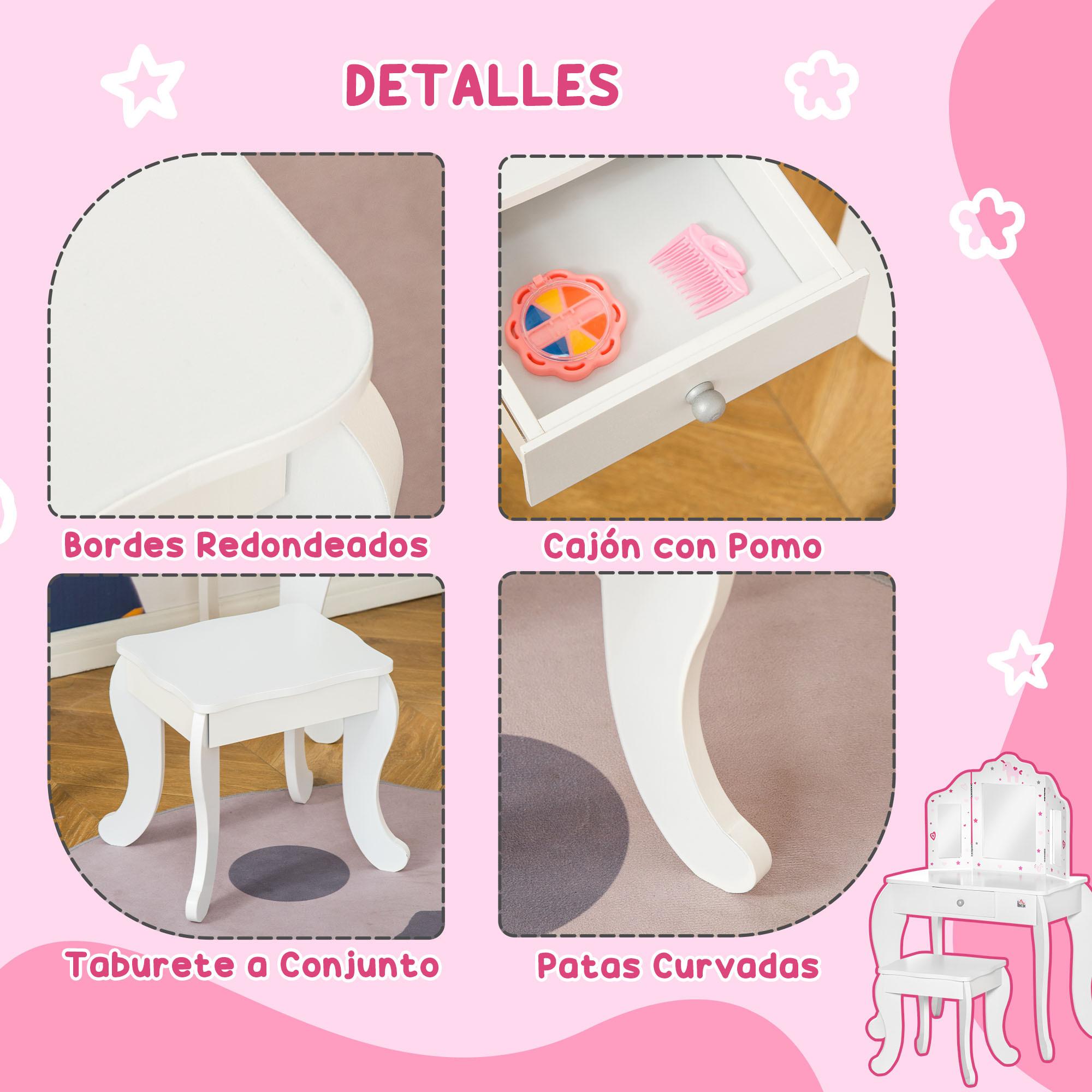 Tocador Infantil de Madera con Taburete y Espejo Mesa Maquillaje con Cajón Rosa