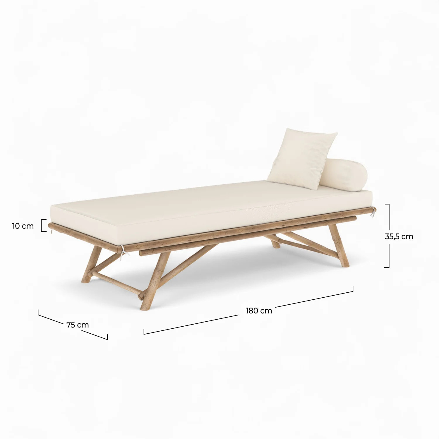 Banquette de jardin en bambou avec matelas blanc - Vadella