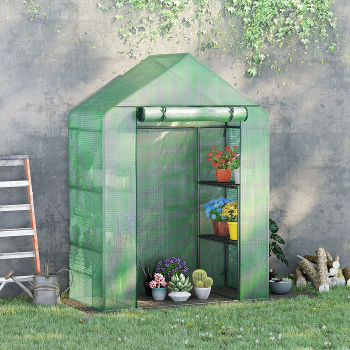 Invernadero de Jardín 141x72x191 cm Vivero Casero con 4 Estantes Puerta Enrollable Cubierta de PE 140g/m² y Marco de Acero para Cultivos Plantas Macetas Flores Verde