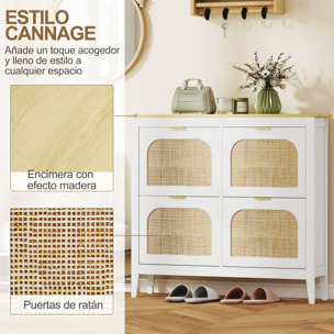 Zapatero Estrecho con 4 Puertas de Ratán Zapatero Entrada Recibidor con Estantes Ajustables para 20 Pares de Zapatos 105x24x95,5 cm Blanco