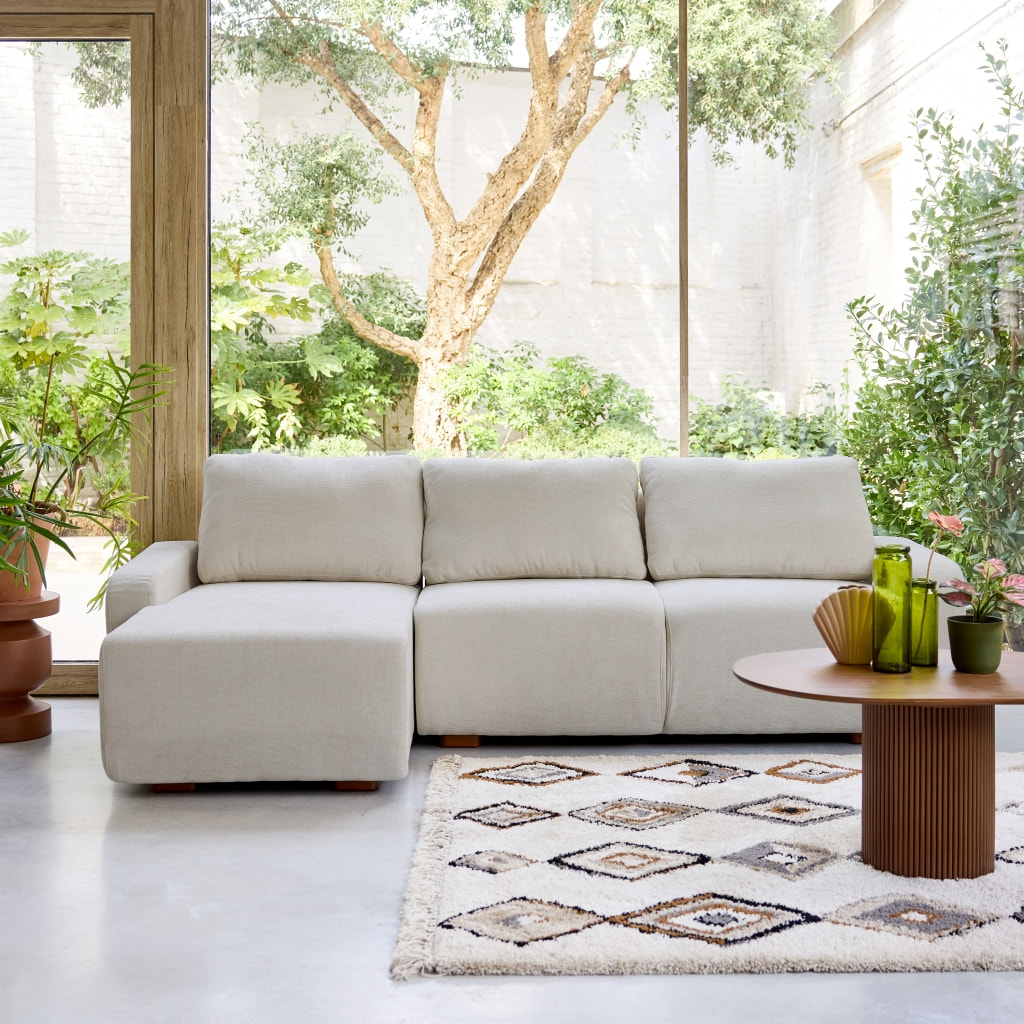 Canapé d'angle gauche 3 places tissu gris clair L 260 x P 88 / 139cm / x H 87cm - Dany