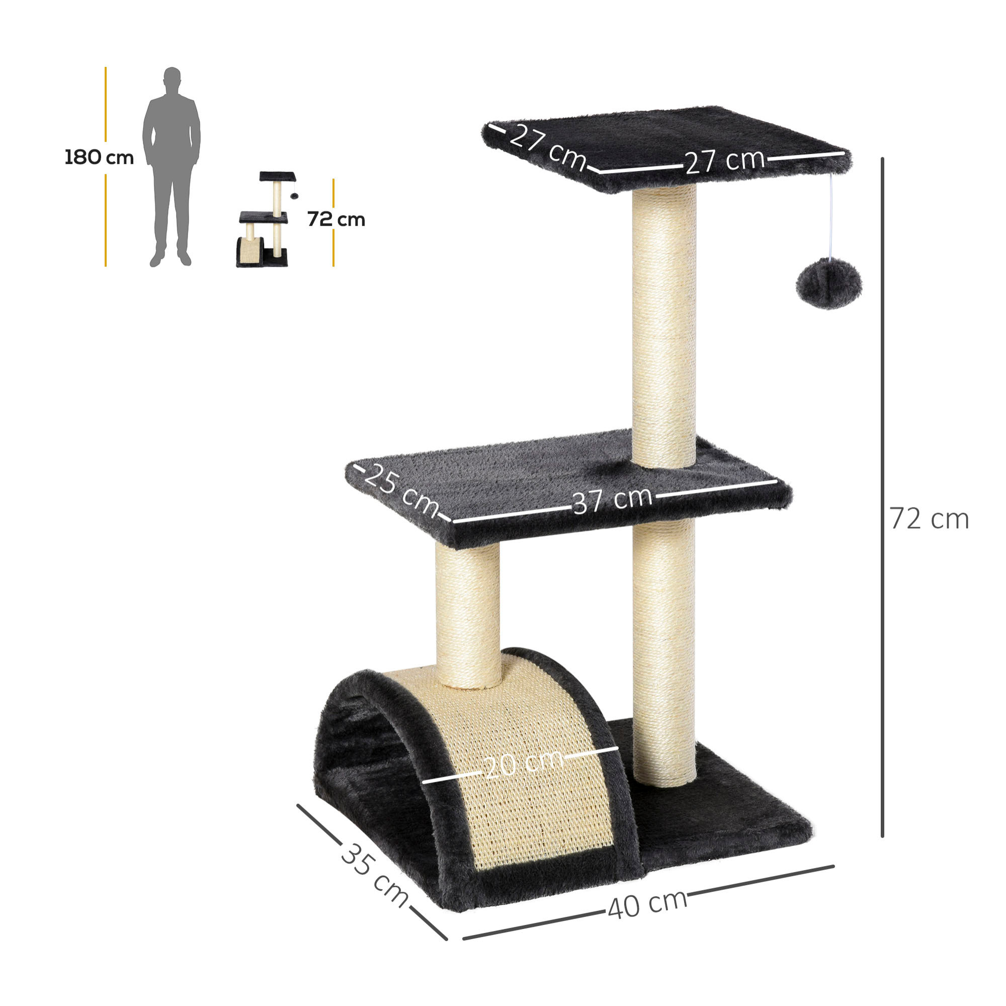 Arbre à chat griffoir grattoir design jeu boule suspendue 2 plateformes peluche sisal naturel gris