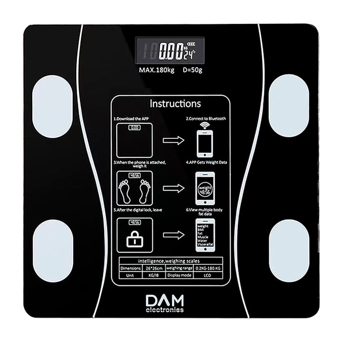 Bilancia intelligente con bioimpedenza, Bluetooth e App. 18 misure diverse: peso, % di grasso, IMC, età corporea, ecc.