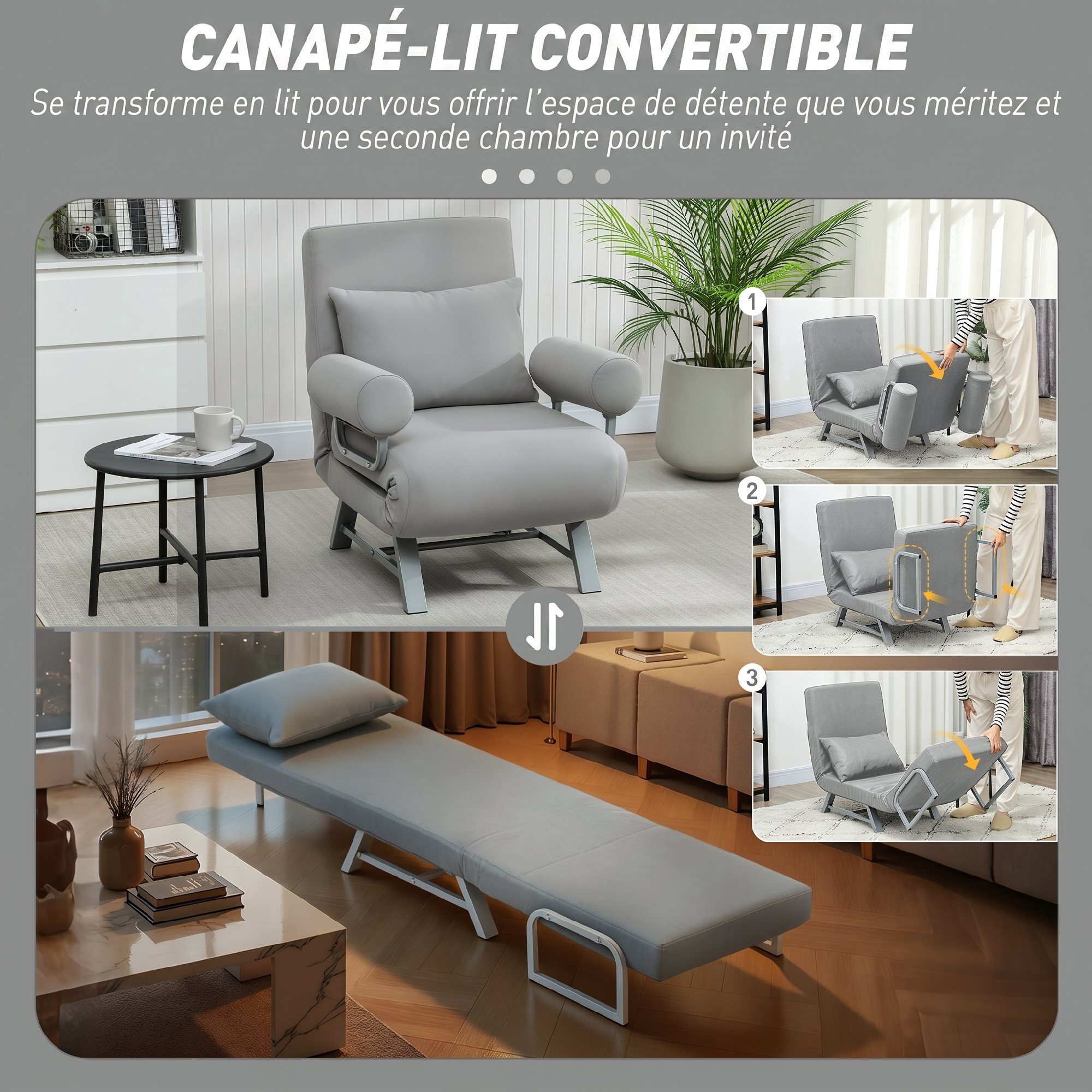 Fauteuil chauffeuse convertible inclinable coussin lombaires accoudoirs piètement métal lin gris clair