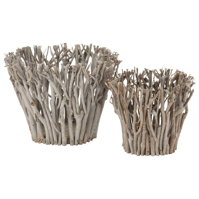 J-Line Bougeoir Branches Avec Verre Bois Gris Large