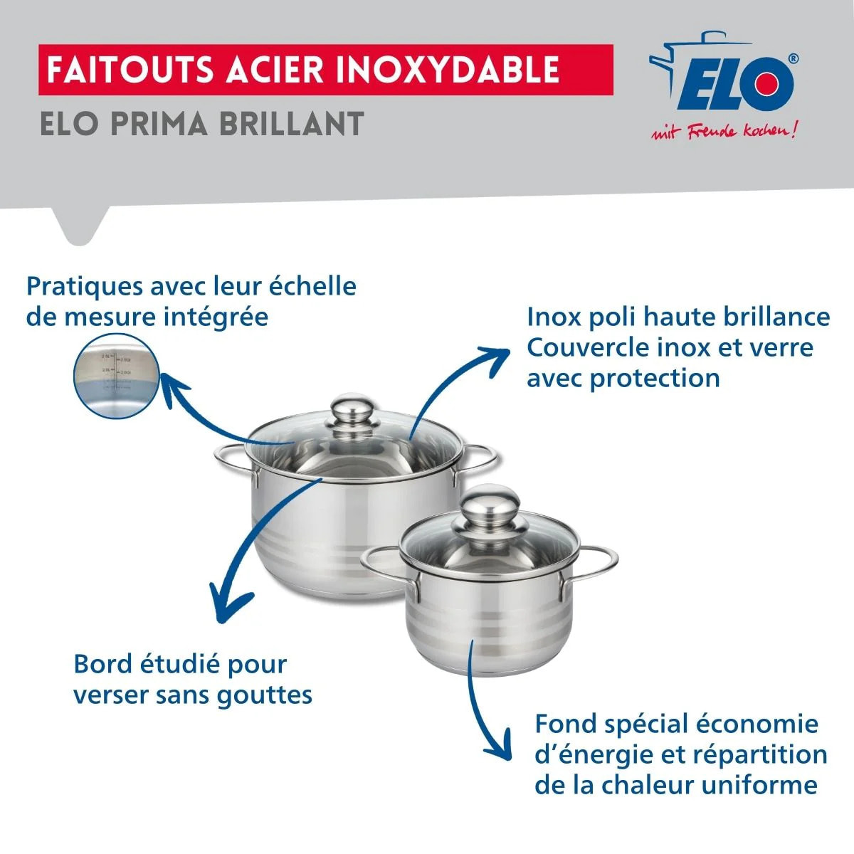 Ensemble de 2 Poêles de cuisson 28 et 32 cm et 2 faitouts 14 et 20 cm Elo Profi Brillant