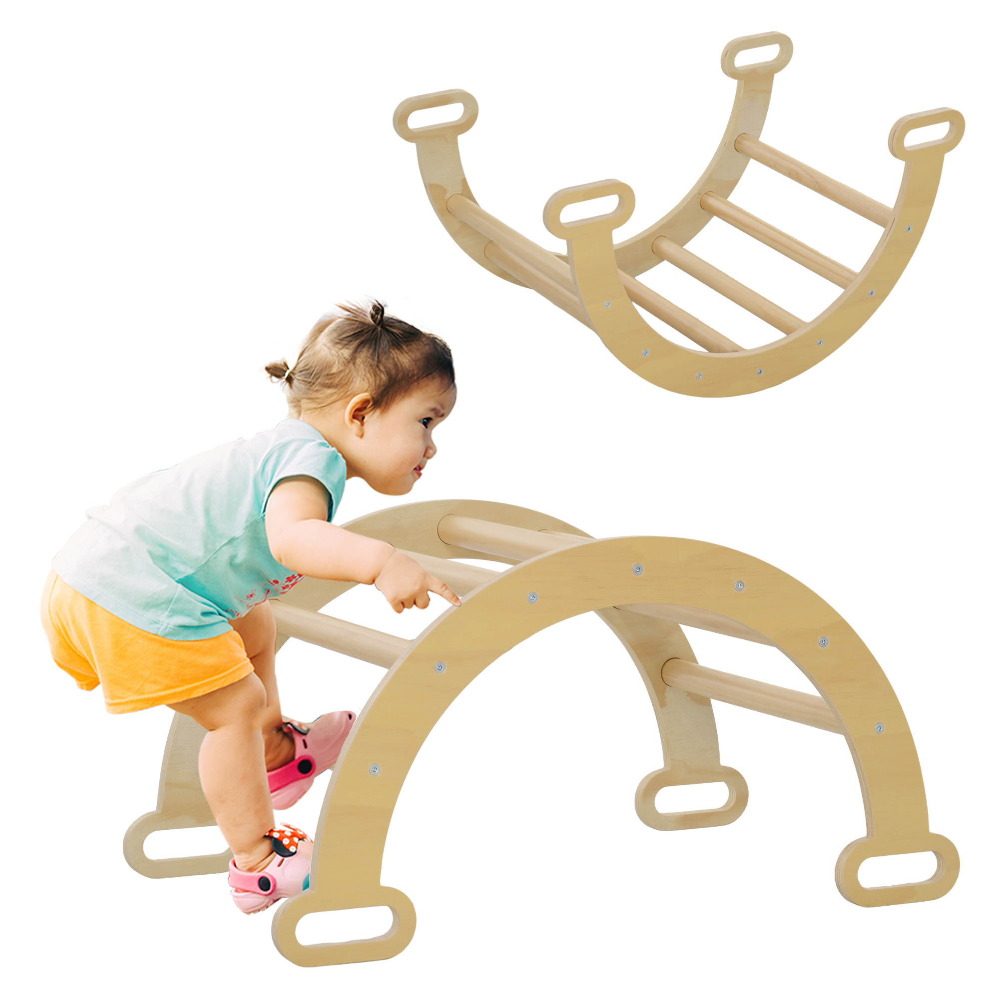 Escalada para Niños de Madera 2 en 1 Arco de Escalada para Niños de 18-48 Meses Balancín para Bebés Carga 50 kg 68x42x36 cm Natural