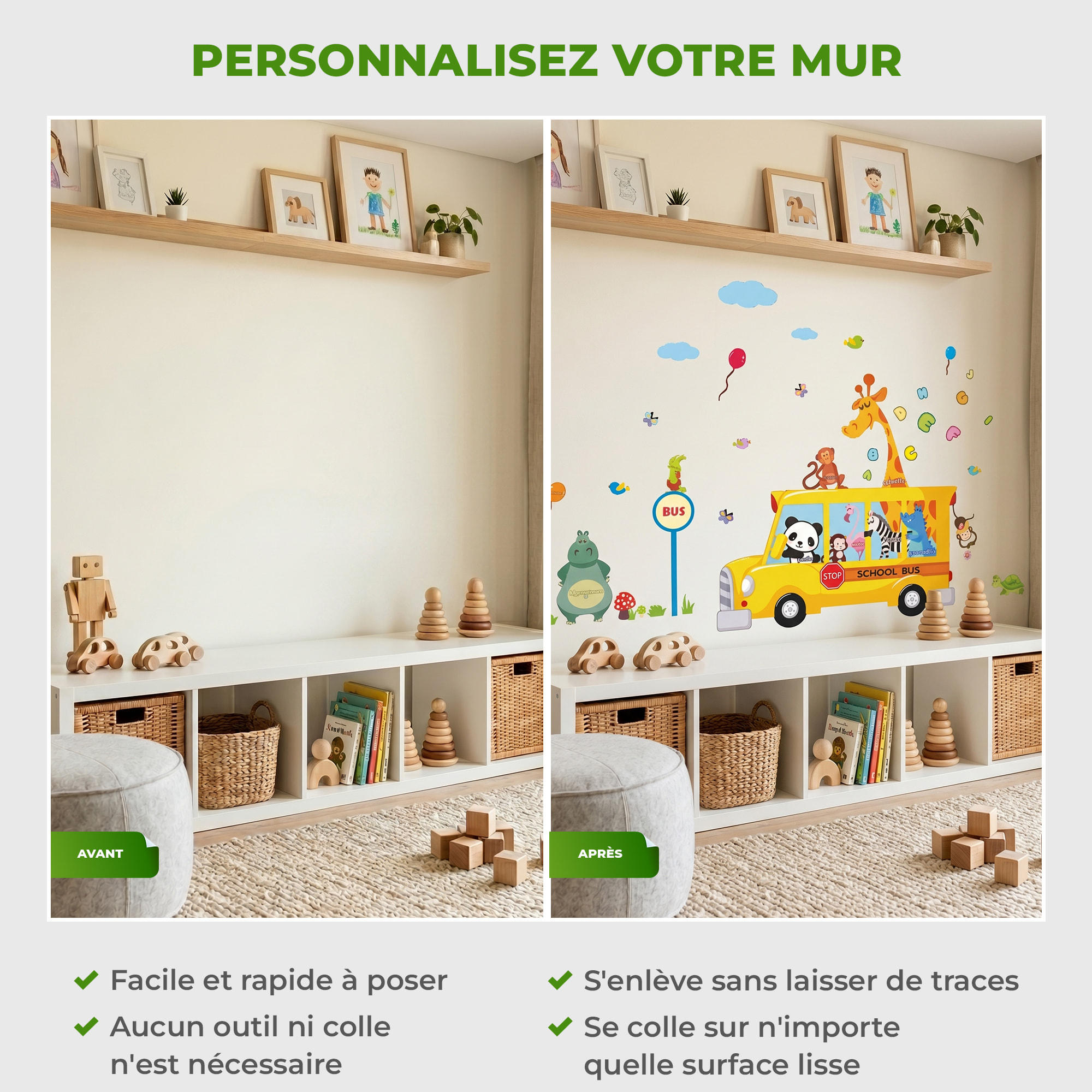 Stickers Muraux décoration adhésifs bus et animaux rigolos