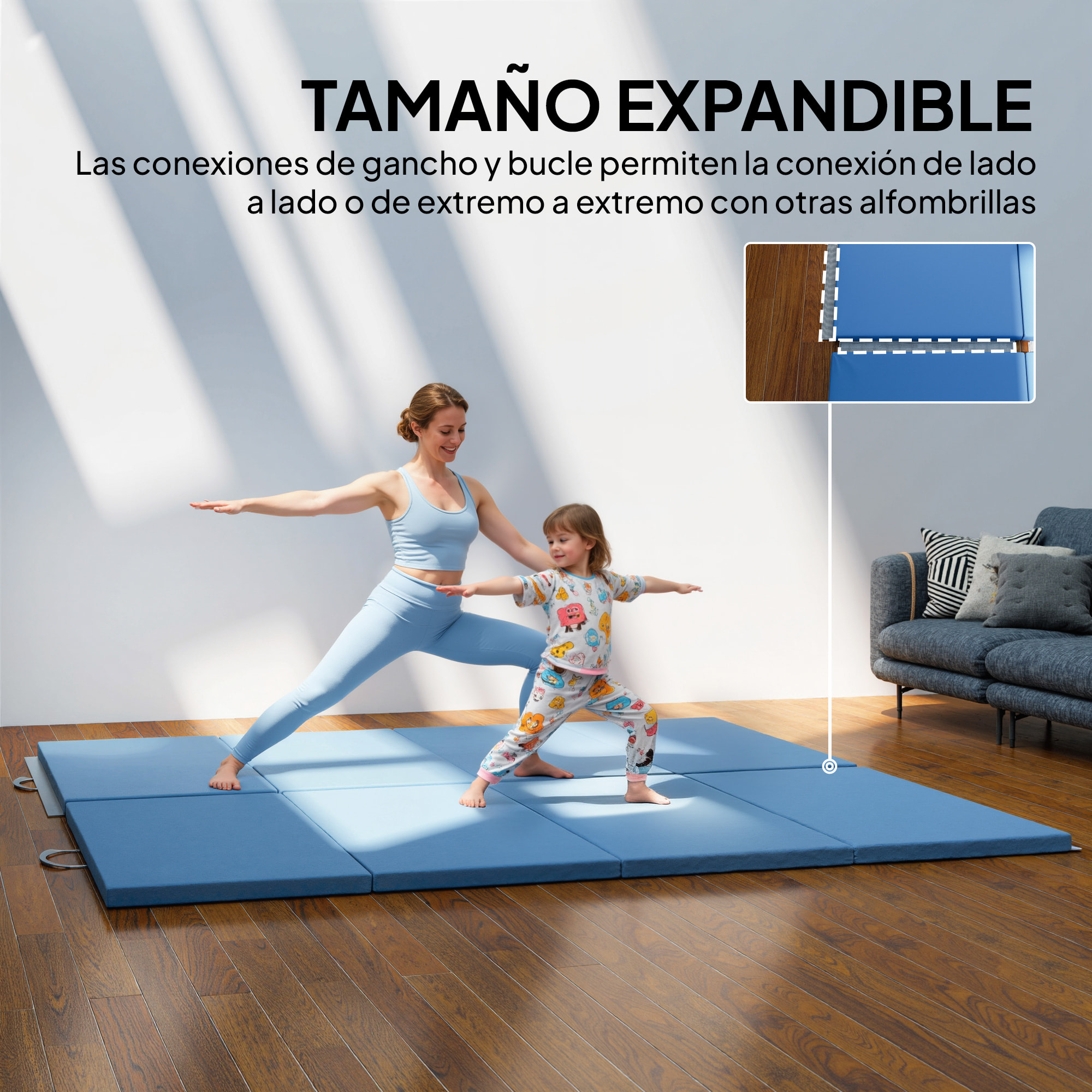 Colchoneta Gimnasia Plegable de Grosor 5 cm, Tapete de Ejercicio, 240x120x5 cm, con Asas de Transporte, Esterilla de Gimnasia para Yoga, MMA, Aeróbic, Artes Marciales, Azul Claro