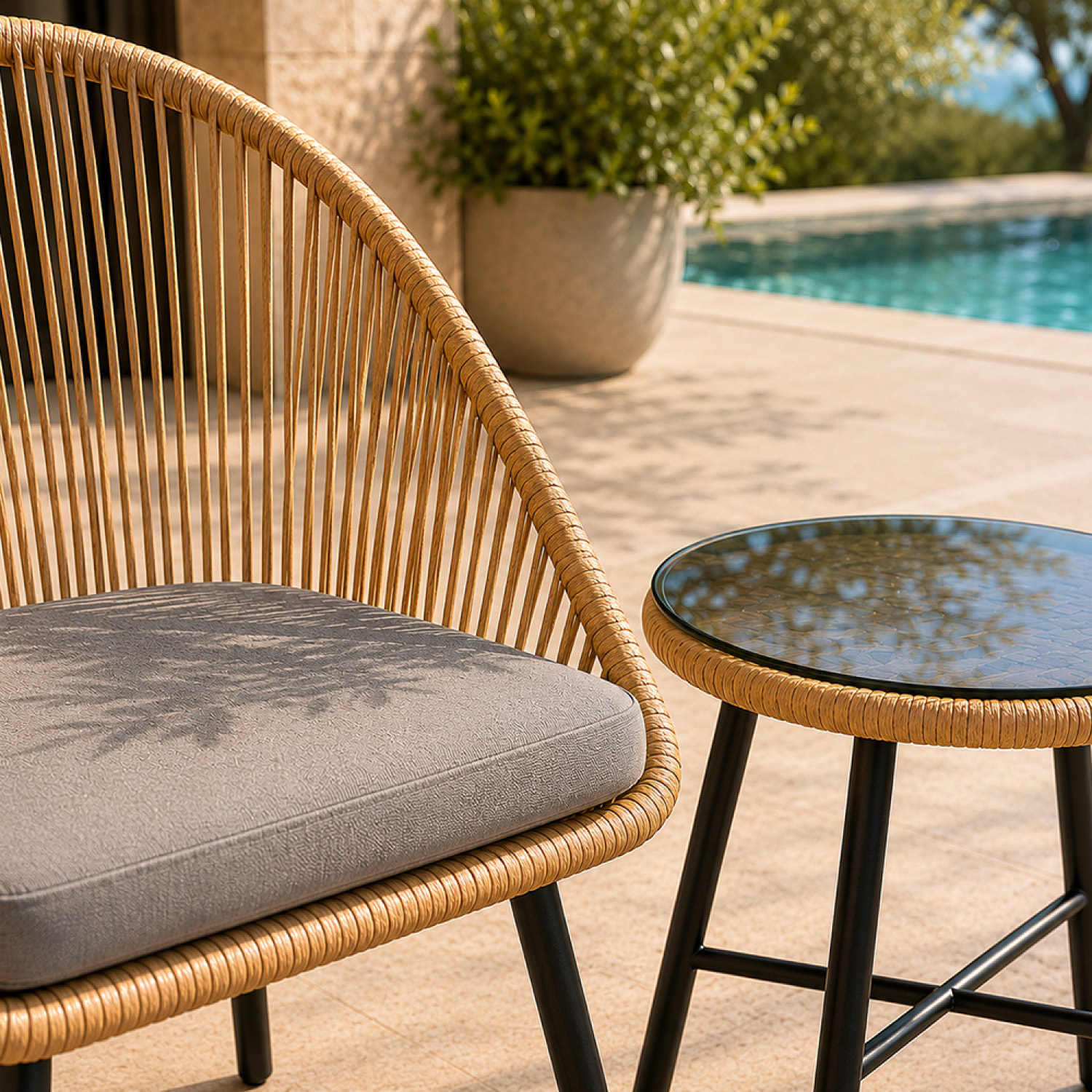 Ensemble de jardin 2 fauteuils et table basse effet rotin naturel PAULO