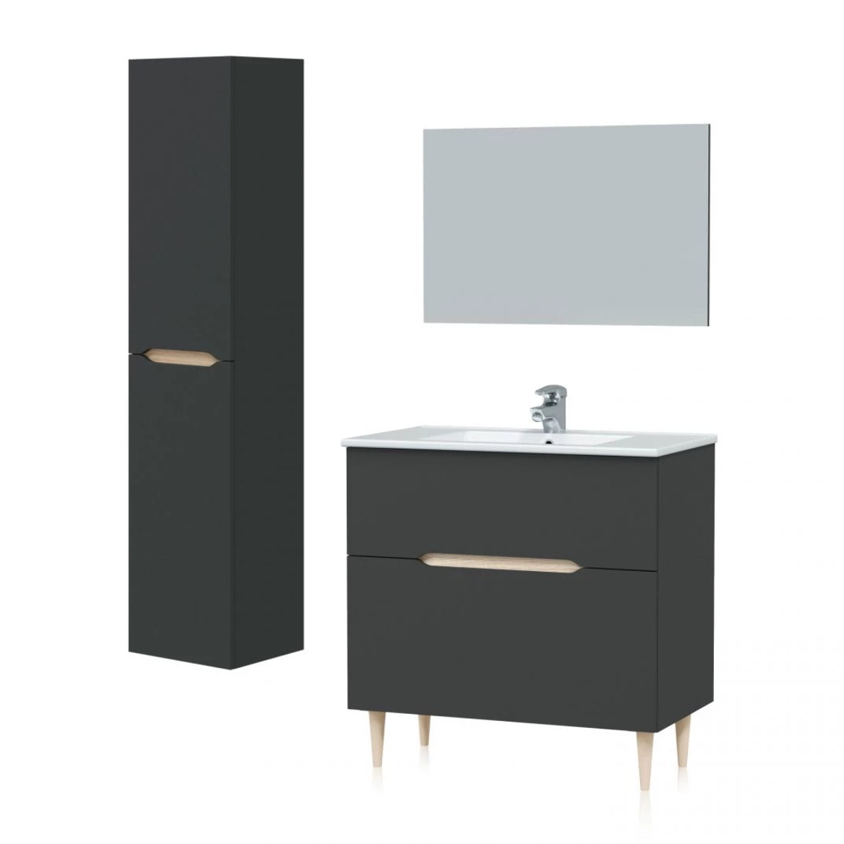 Pack de baño con lavabo y columna Opera 80 Antracita - Roble