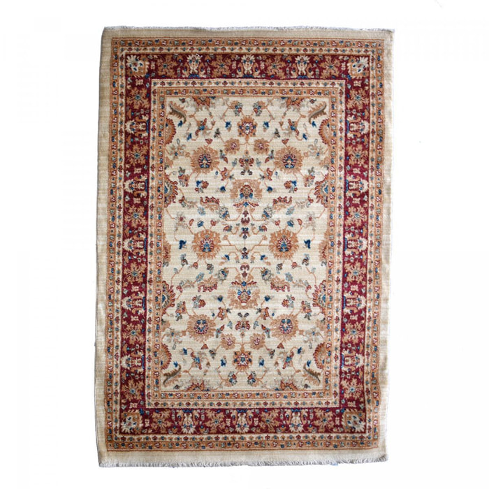 Tapis Jufu rouge et beige aux motifs floraux d'inspiration Orientale