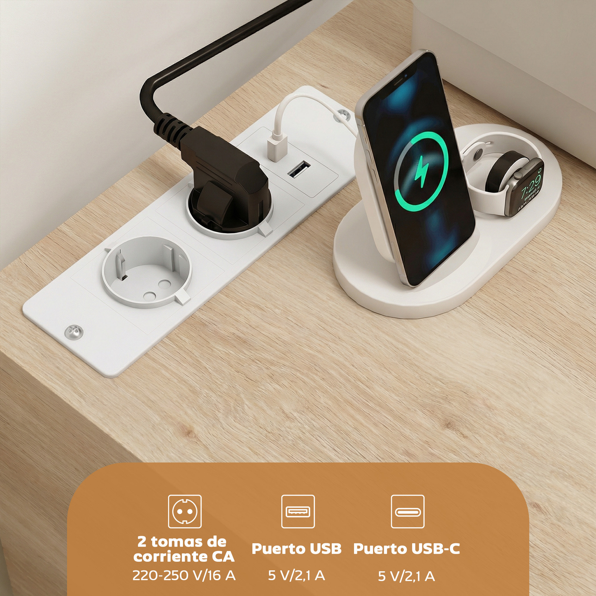 Mueble para Impresora con Estación de Carga y Ruedas, Soporte para Impresora con 5 Cajones, Puertos USB, Estante Ajustable para Oficina en Casa, Natural