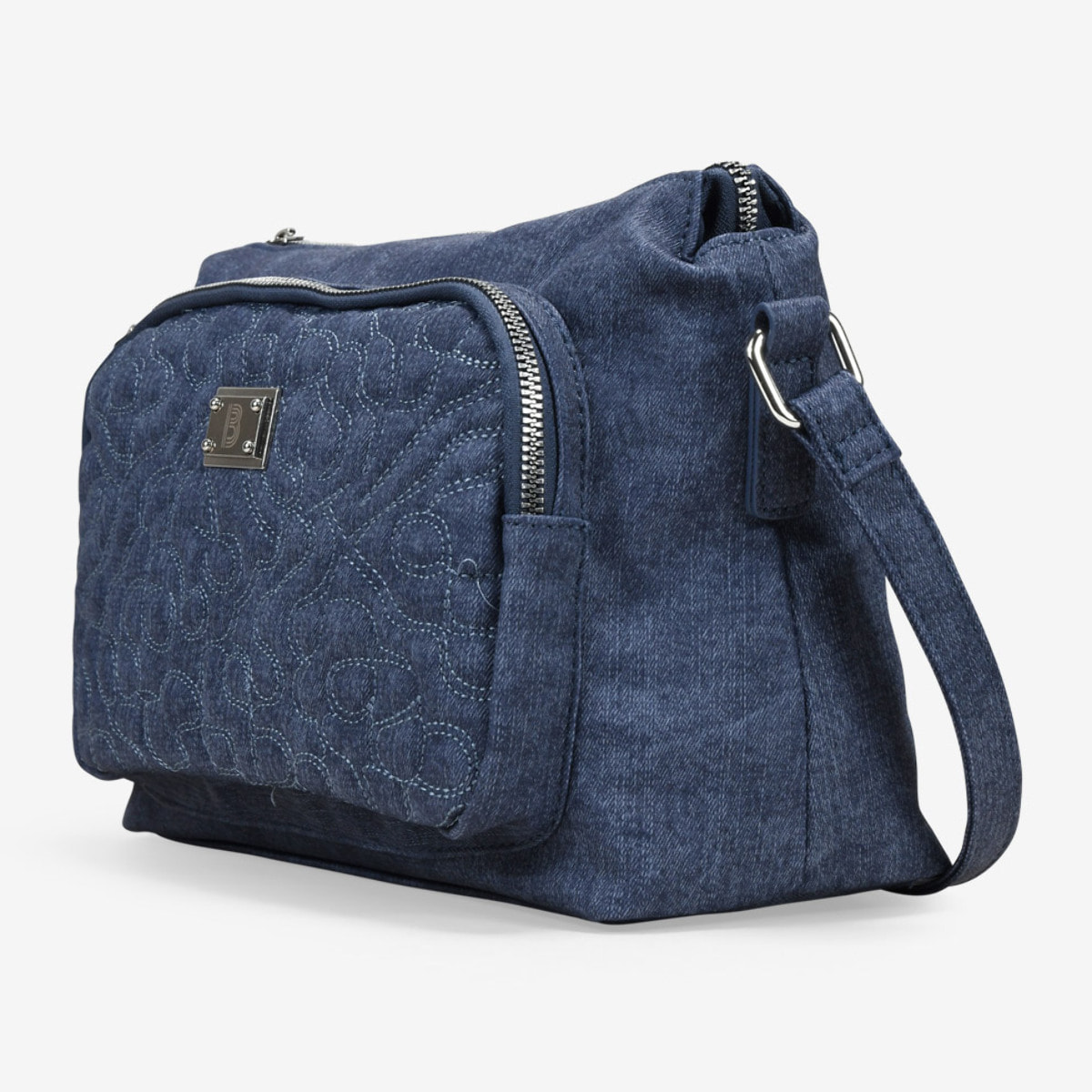 Bolso bandolera azul con cosidos y cremallera