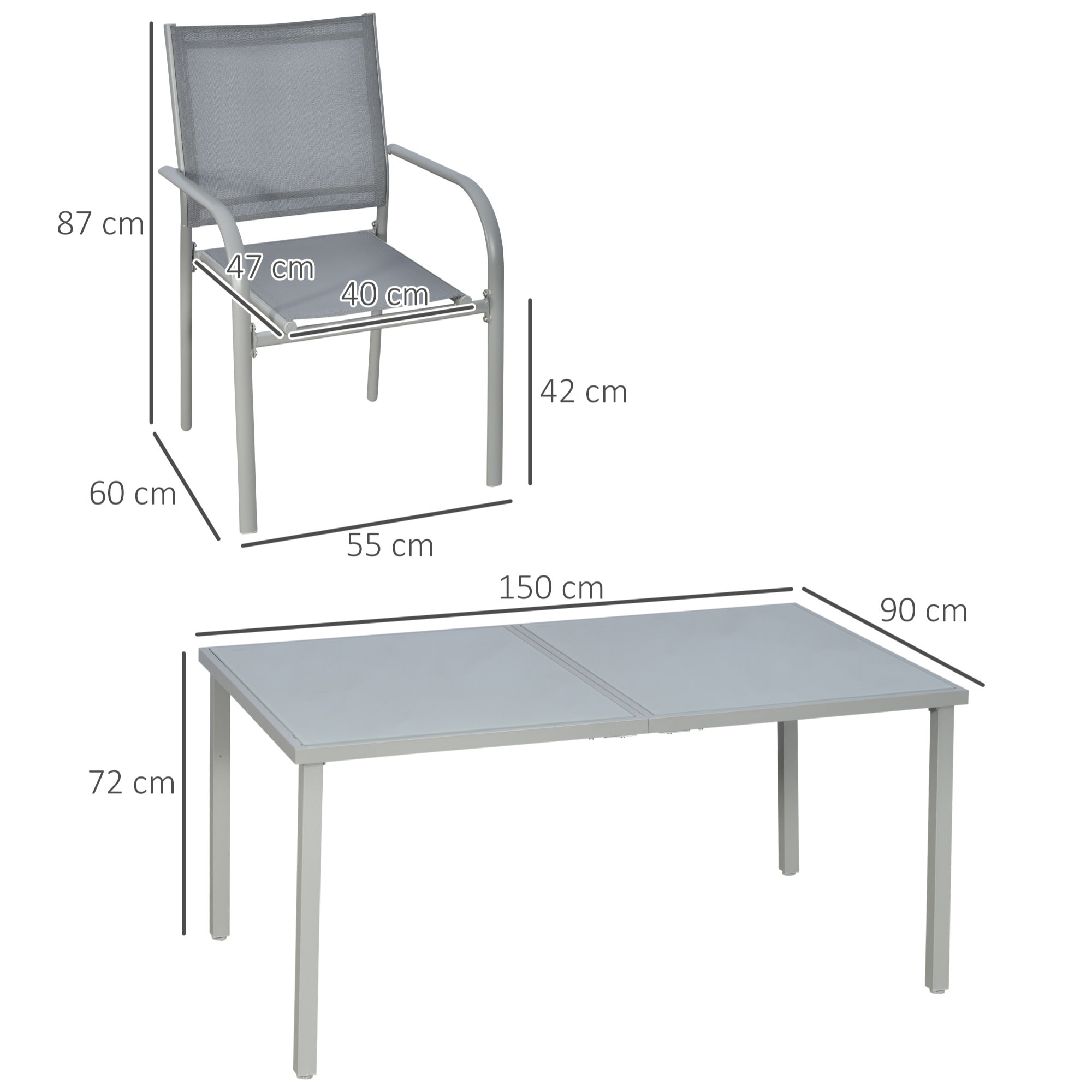 Ensemble de jardin 6 personnes chaises empilables table à manger dim. 150L x 90l x 72H cm plateau verre acier époxy textilène gris