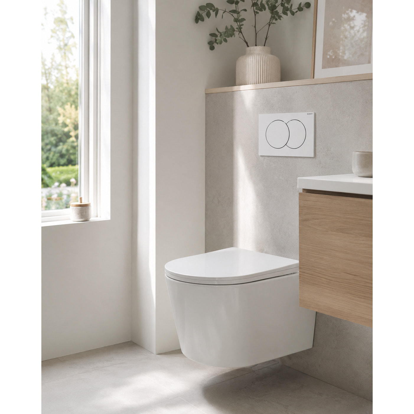 Duofix Pack WC bâti-support + WC suspendu sans bride avec abattant SoftClose Ceramia + plaque blanche (GEBCE14WT05-FR)