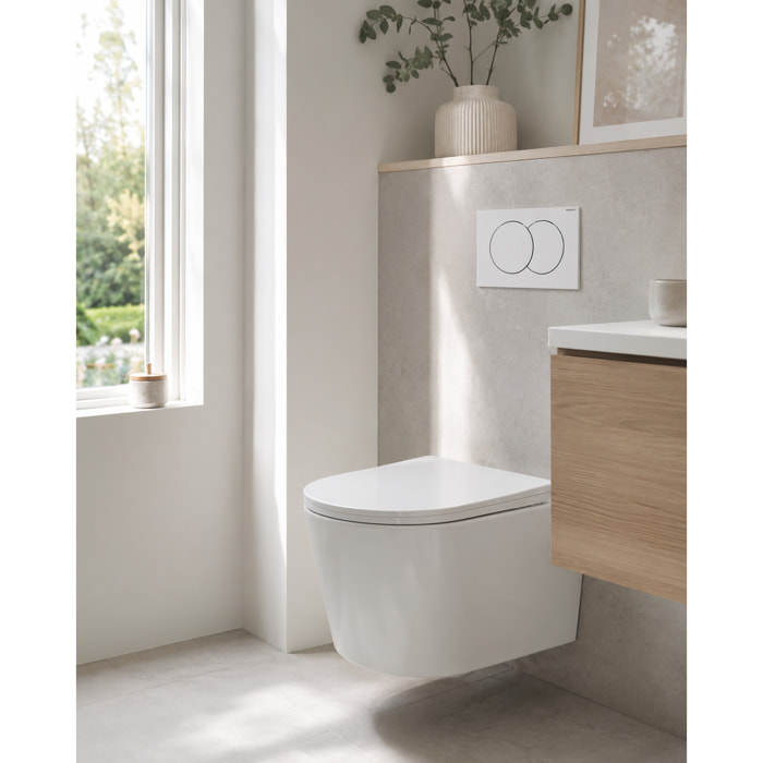 Duofix Pack WC bâti-support + WC suspendu sans bride avec abattant SoftClose Ceramia + plaque blanche (GEBCE14WT05-FR)