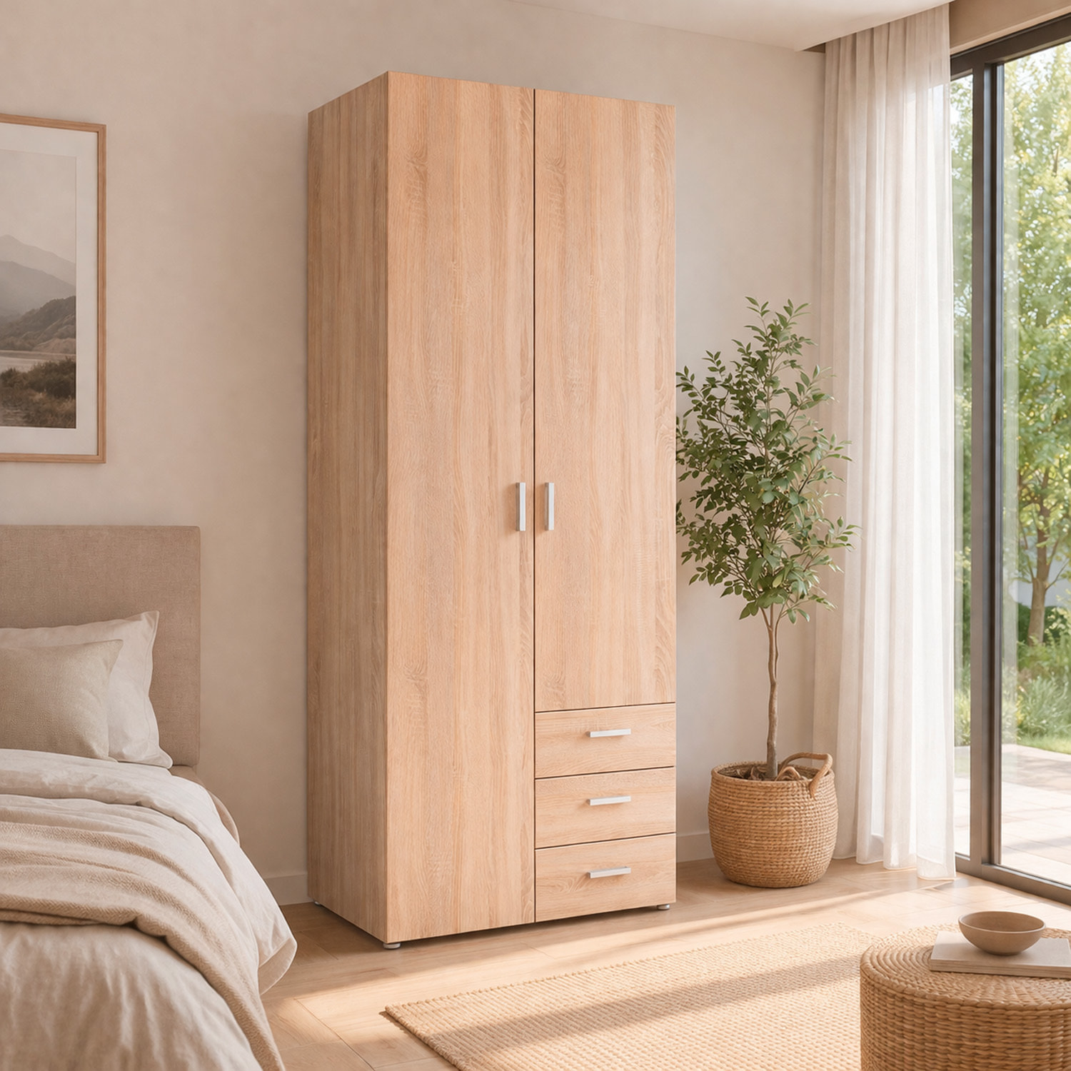 Armadio Mobile Multiuso 2 Ante 3 Cassetti Camera Da Letto Cameretta Appendiabiti E Ripiani Interni Moderno Salvaspazio 200.4 x 77.6 x 49.5 Cm Rovere