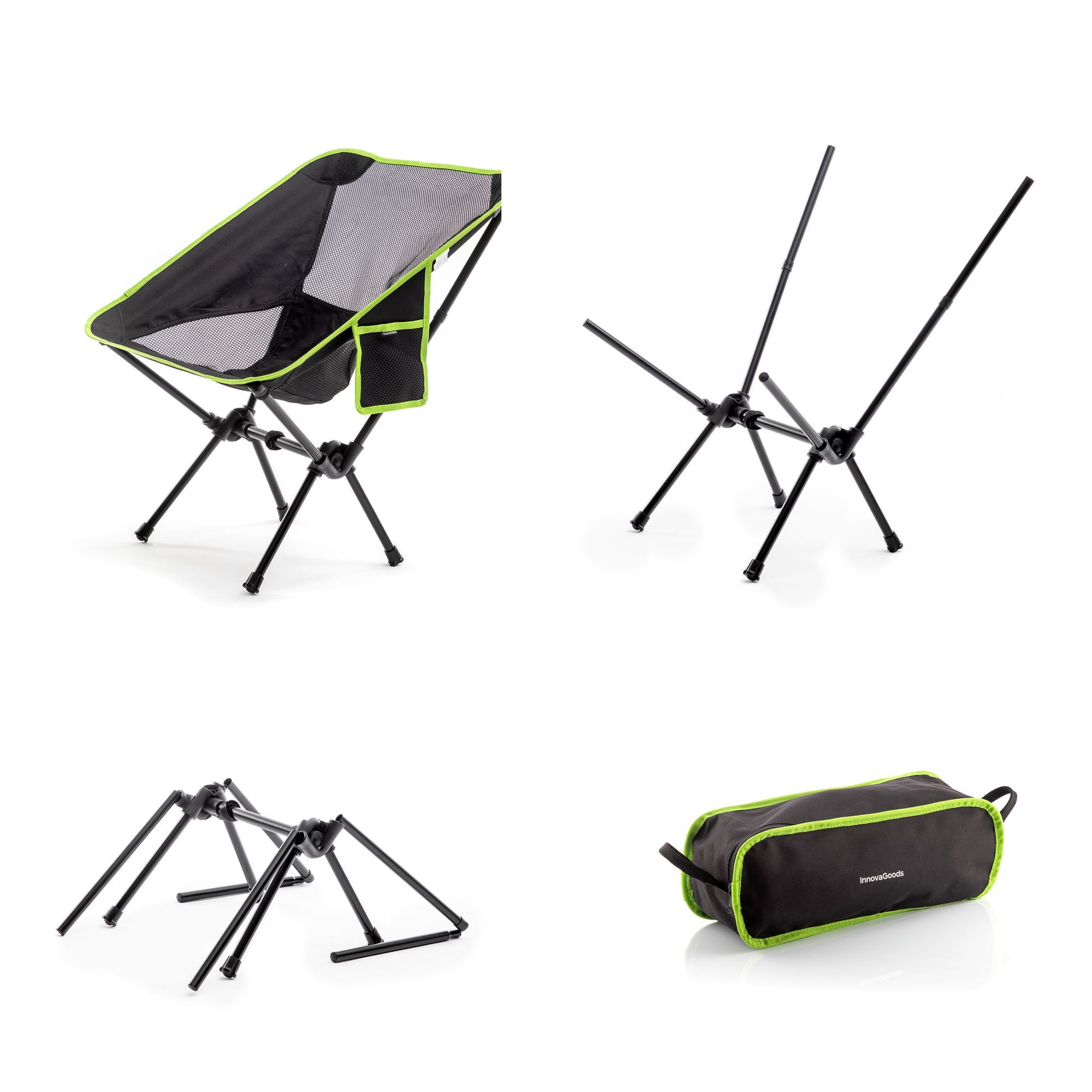 Sedia da campeggio pieghevole Folstul - nera e verde - 58 x 64 x 52,5 cm