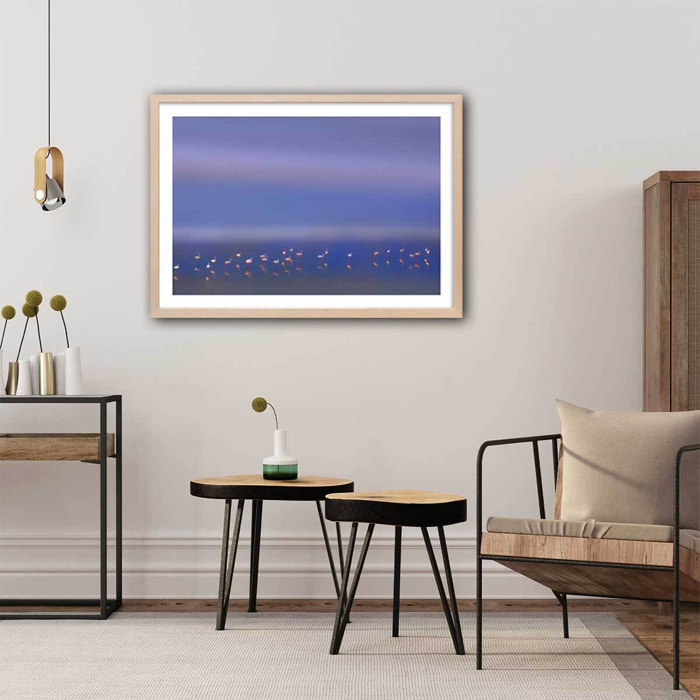 Affiche Flamants Tôt le matin Affiche + cadre en bois - Chêne