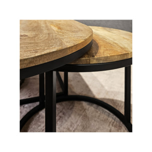 Tables basses gigogne ronde en bois massif de manguier et métal noir - HAFO
