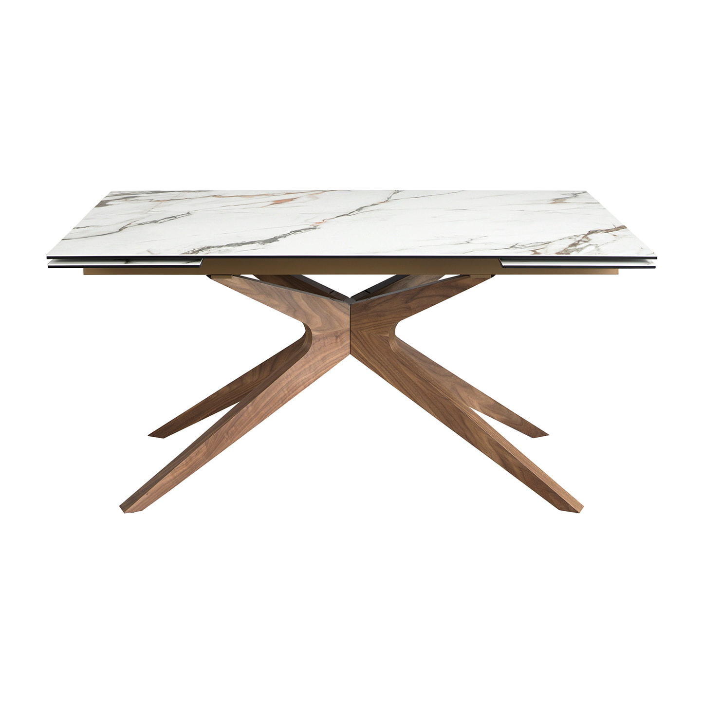 Mesa comedor extensible rectangular con tapa de mármol porcelánico blanco con vetas en tonalidades grises y detalles en óxido en acabado mate 160x100x76cm