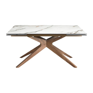 Mesa comedor extensible rectangular con tapa de mármol porcelánico blanco con vetas en tonalidades grises y detalles en óxido en acabado mate 160x100x76cm