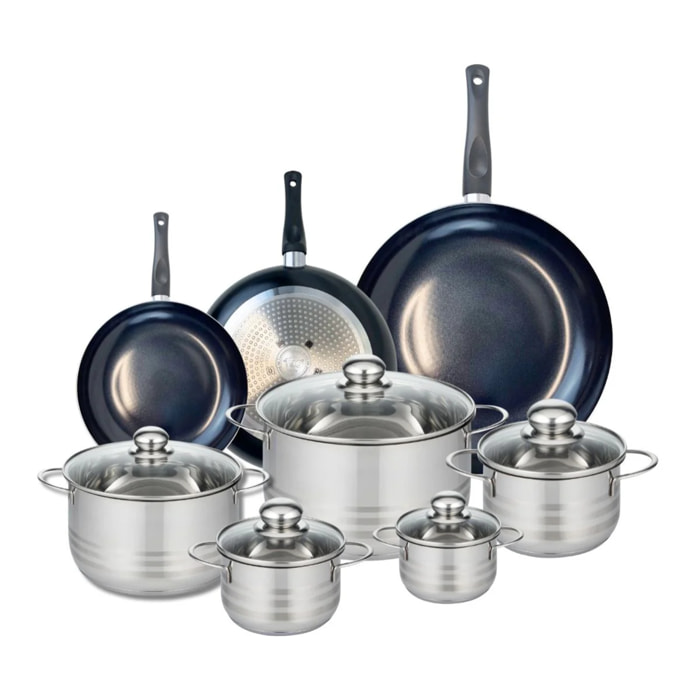 Ensemble de 3 Poêles de cuisson 20, 24 et 32 cm et 5 faitouts 12, 14, 16, 20 et 24 cm Elo Prima Brillant
